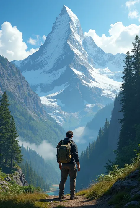 A traveler looking at a beautiful mountain