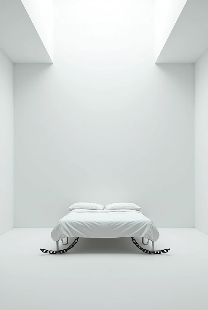 A completely white room with a double bed in the  middle of the room. No windows and chains attached to all the legs of the bed
