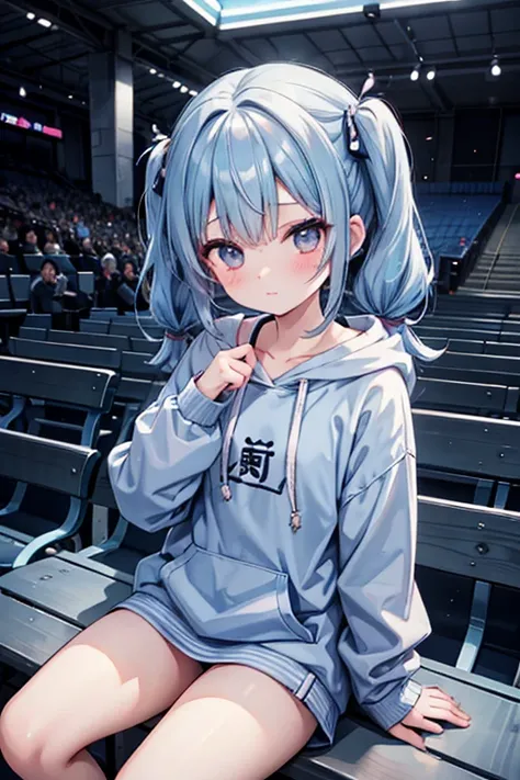  
 one girl 、 HOODIE、 blue hair 、 twin tails、Audience goals、anime、 pretty girl、bench、  Slouching 、 make you blush、anxiety、