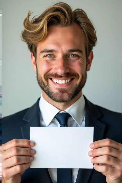 Hyper realistic life images,man, delgado, wavy blonde hair, green eyes, smiling and formally dressed , hold a white card Written " Bos Esok  boleh  Pinjam ka?  "  