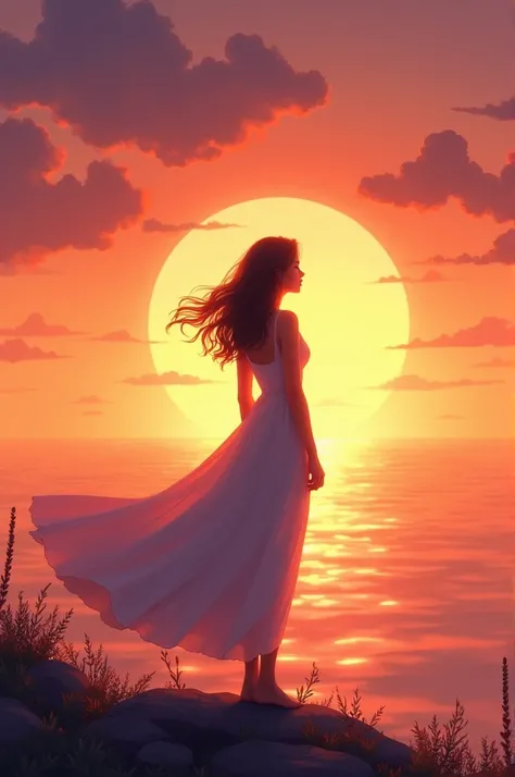 Make an illustration of an adult girl with a developing dress in the background of the sunset, standing with your back turned