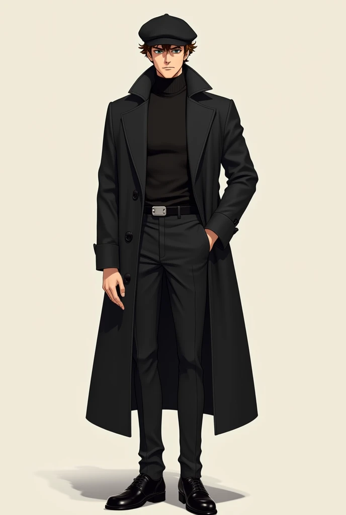 Anime character, 62, beige skin tone, brown curly hair, good body physique, italian looks. Clothes: Black polo, black pants, black leather shoes, black overcoat, black classic newsboy velvet hat