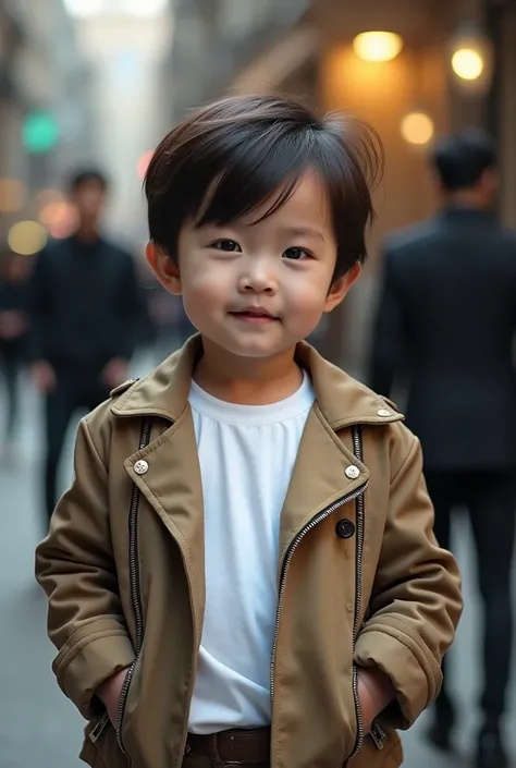  white t-shirt,fashion model of a baby wearing a jacket high resolution, movie, movie shooting, 