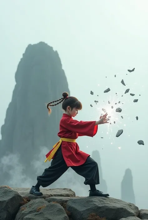  ((( 1 girl、))),  ((( light brown hair 、  hair with braids)))、((( red Chinese uniform 、 yellow belt wrapped around the waist、  black pants、black shoes )))、(((  Karate stab 、Huge rock２ shatter it into small pieces  )))、(((Summit、fog)))、((( white aura )))