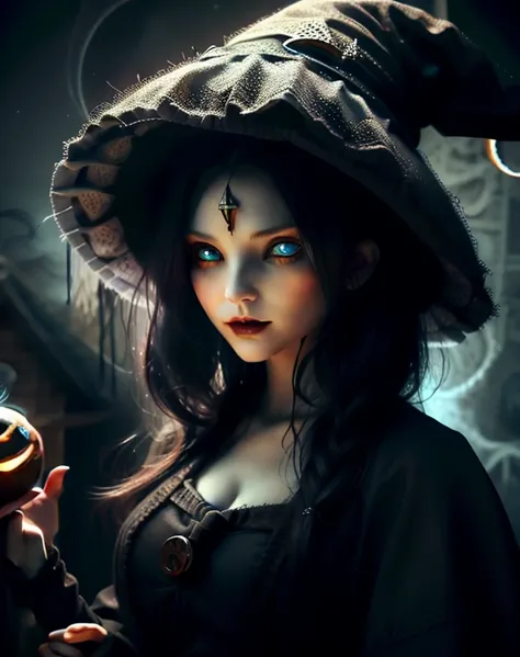 Witch woman with blue eyes, long black hair, pale white skin, in a dark old house, wearing a ragged medieval dress and a witch hat, dark makeup, huge tits, holding jack-o lantern