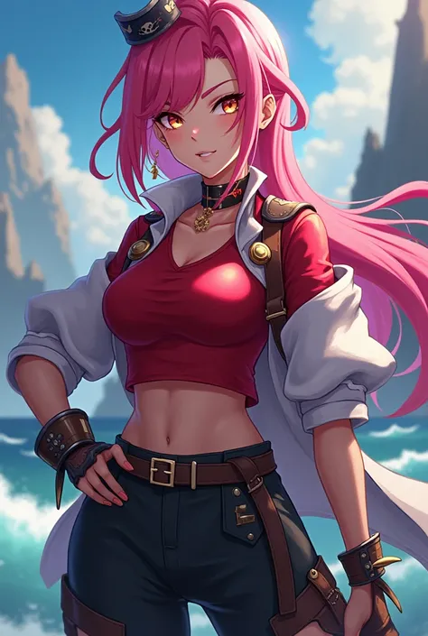 Create a picture of a new  Pirate member. It should be a completely new member that doesnt exist yet. It should be a woman and she should be a strategist. She should have pink hair and have a red top with a black trouser and she should look like a Pirat. S...