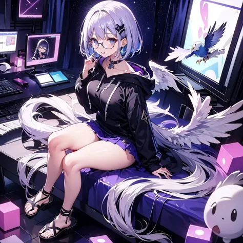 solo1.8、 High Quality、Birds-eye view from above composition 1 .7、Seiko no Hand 1 .5、 black bob cut、 sitting on the purple cube in front of the monitor 、black simple hoodie and purple mini skirt 1.6、 Fleshy Thighs 1 .3、 with a silver light cube floating in ...