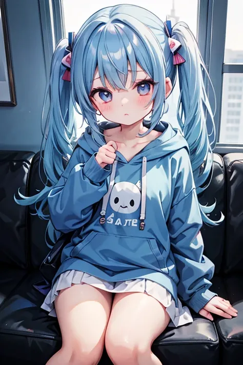   one girl 、 HOODIE、 blue hair 、 twin tails、Audience goals、anime、 pretty girl、  Slouching 、 make you blush、