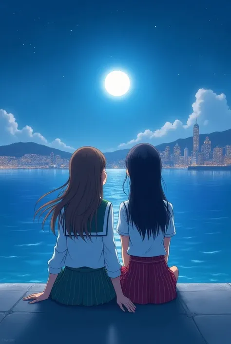 2 s sitting on a concrete with the sea infront of them and a city lights under a full moon, the first girl is wearing a uniform with white longsleeve and green stripped skirt while the other girl is wearing a unifrom with white polo and stripped red long p...