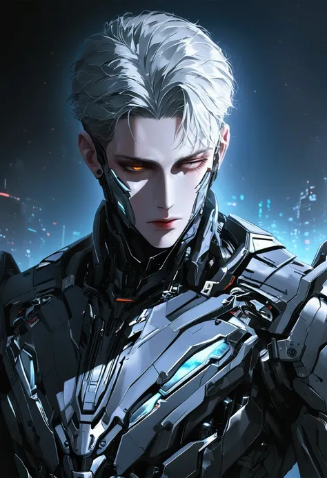 a semi-realistic cyborg man, short silver hair, sharp chiseled facial features, intense robotic cyberpunk expression, hyper detailed, 8k, cinematic lighting, moody sci-fi atmosphere, intricate mechanical details, photorealistic, dark color palette, dramati...