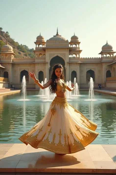 A beautiful rajsthani jal mahal located in middle of a lake with a dance platform in the middle of  water fountains on which a beautiful rajputi princess with a very beautiful face was dancing wearing a off white lehenga with golden enbrodary 