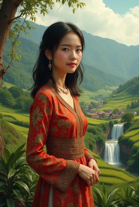 (photorealism:1.3),  beautiful women with shoulder-length hair ,  wear traditional kebaya dress of Sundanese tribe in indonesia, rural nature ,  mountain valleys ,  villages and green rice fields , waterfall ,relaxed pose, Realistic, intricate details, war...