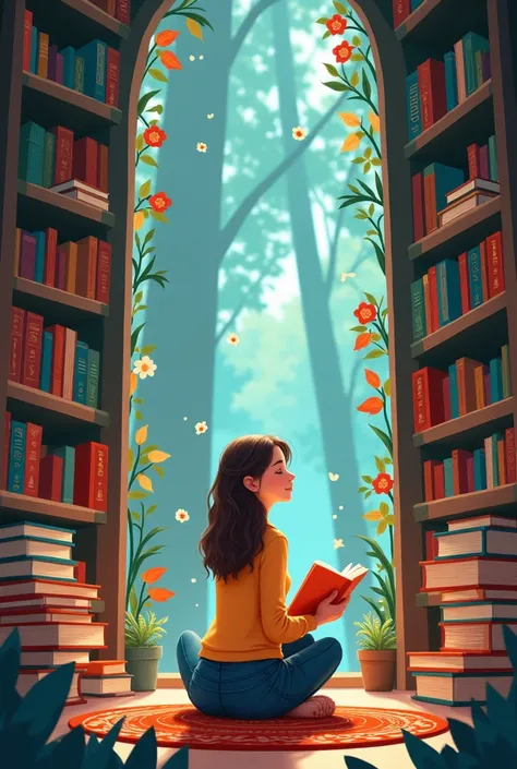 A bookmark with a theme: Read, Dream, Celebrate. With a  reading and shes surrounded by books while imagining random things.