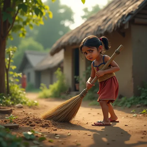 Outside a simple house in an Indian village where a  girl is angrily sweeping. Realstic 4K ultra HD image