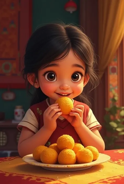 A girl eat laddu