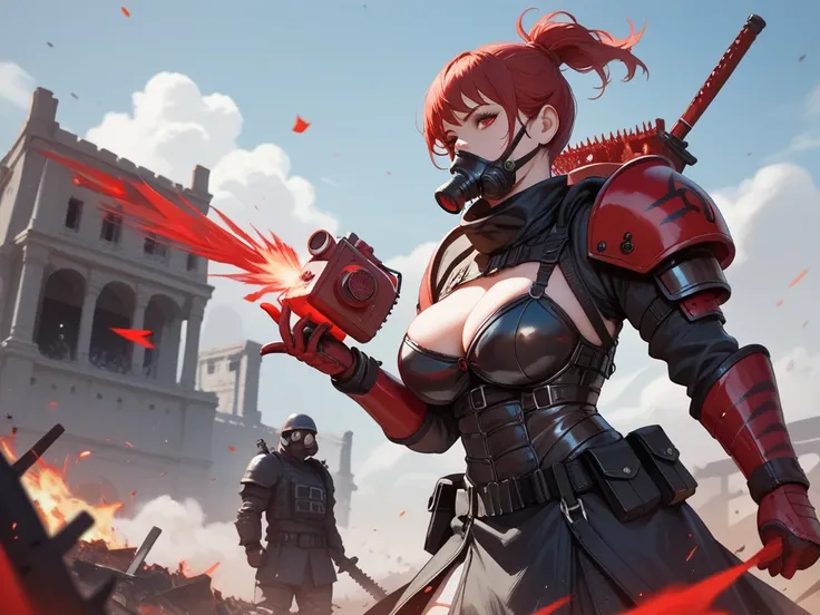  1 girl,  black armor ,Gas mask,Geneva, Red Eyes,red stripes, red magic , chainsaw  ,Battlefield background , big breasts, 