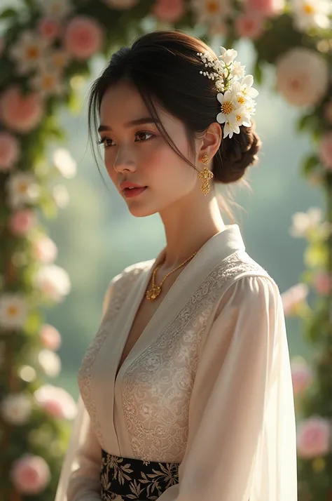 Create a photorealistic masterpiece of a beautiful woman with hair in a bun or bun, decorated with jasmine flowers, wearing a white kebaya, thin and lacy fabric model, with a traditional Indonesian black and white batik combination skirt, gold necklace, go...