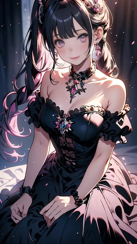 (quality, 4k, 8k, high resolution, masterpiece: 1.2), ultra-detailed, blurry, depth of field, blurred foreground, blurred background, frilly dress, jewelry, medieval princess, black dress, B cup breasts, looking at viewer, curtain bangs, excessively long h...