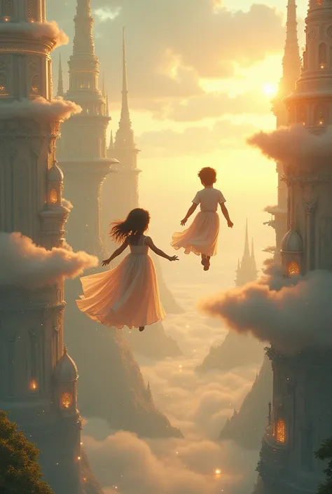 Imagine characters boy and girl fly to city in fantasy world like heaven