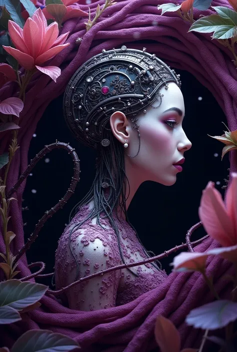 8K, green fire, purple, blue flame, explosion, highly detailed, an ultra-detailed profile of a beautiful biomechanical cyborg, demon cyborg woman in all ruby purple dress, fantasy, intricate, elegant, highly detailed, sharp focus, illustration, purple blac...