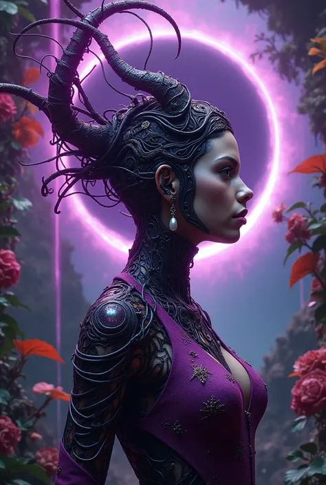 8K, green fire, purple, blue flame, explosion, highly detailed, an ultra-detailed profile of a beautiful biomechanical cyborg, demon cyborg woman in all ruby purple dress, fantasy, intricate, elegant, highly detailed, sharp focus, illustration, purple blac...