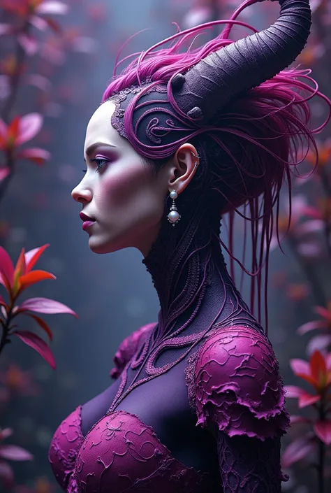 8K, green fire, purple, blue flame, explosion, highly detailed, an ultra-detailed profile of a beautiful biomechanical cyborg, demon cyborg woman in all ruby purple dress, fantasy, intricate, elegant, highly detailed, sharp focus, illustration, purple blac...