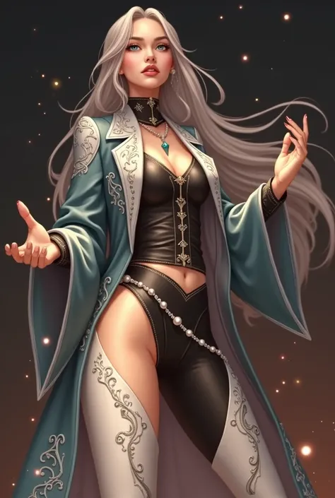 in the Human Comics style create a character, Leeah a white girl with long silver hair and light blue eyes, radiated an aura of serenity. She wears a coat in the color #1b48b3 with silver-white details with an open neckline on the breasts, long white boots...