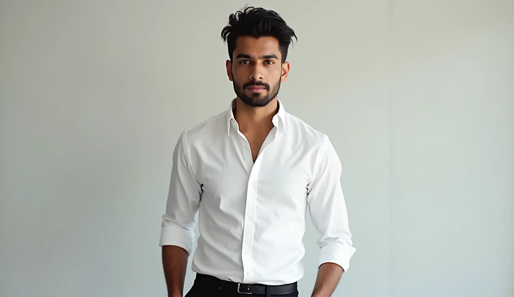 28 year young handsome Indian boy, with white shirt and black pants, light beard, clear face, 