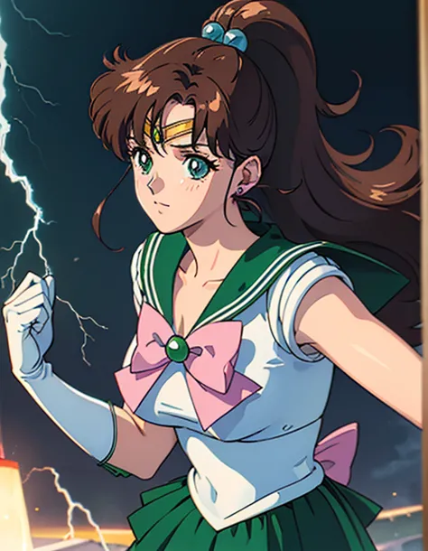  ( best quality, 4K, 8k,  high definition , masterpiece:1.2), Super detailed, (Realistic, photoRealistic, photo-Realistic:1.37) , 1990s ( style ), retro art style , 1990s anime cels  style ,  Sailor Jupiter,  medium breasts, Sailor Jupiterの服, Pink Ribbon ,...