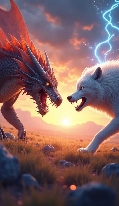 "An awe-inspiring scene where a ferocious dragon and an enraged white wolf face each other in a tense standoff, both depicted with lifelike detail. The dragons scales shimmer with a mix of fiery hues, its wings spread wide, and its jaws open to reveal razo...