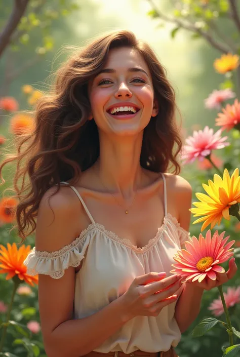 A woman who likes flowers a happy woman