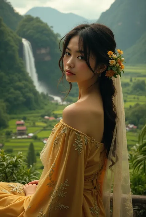 (photorealism:1.3), beautiful shoulder-length haired woman covered in a thin veil,  wear traditional kebaya dress of Sundanese tribe in indonesia, rural nature ,  mountain valleys ,  villages and green rice fields , waterfall ,relaxed pose, Realistic, intr...