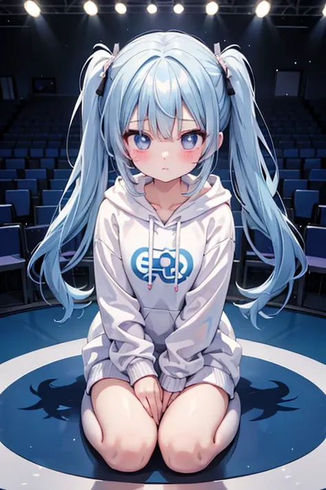   one girl 、White hoodie、 blue hair 、 twin tails、Audience goals、anime、 pretty girl、 make you blush、Place your hands on your knees