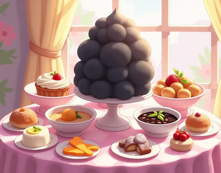 Anime style,Sweets buffet, sweets on the table, (black round cotton candy), a sweet black bean soup, a pure white sparrow-shaped bun, (milk pudding with lemon fruit), (carrot sprinkled with sugar),