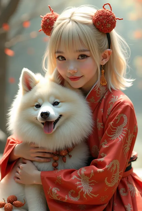 A Japanese woman with cute blonde semi-long hair is wearing scorpion pattern clothes　A cute white Samoyed dog next to her has a scorpion 