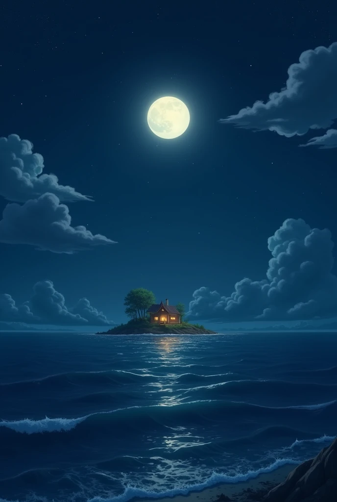 night　sea　Distant Home　Ghibli style　moon