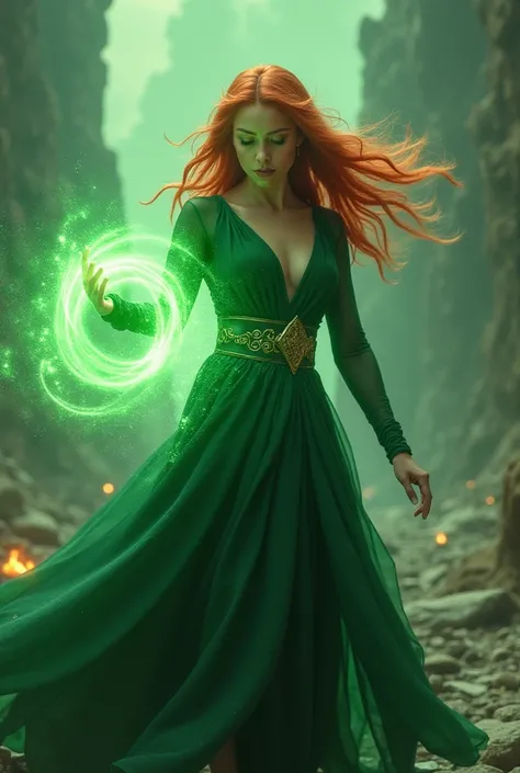 Prompt:
A powerful and beautiful sorcerer with orange hair and green magical dress, casting a green magical orb blast from her hand. The spell is flying away from her hand as she sends the magical spell orb hurdling through the air. epic scenery