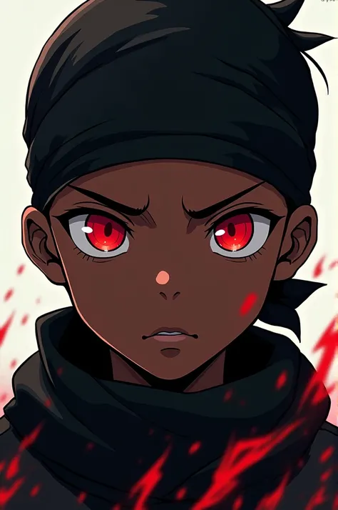 A black boy anime with red eyes and black headsock