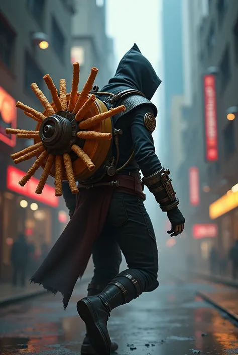 A superhero looking like Assassins Creed with a churros machine in his back that shoots churros from a wheel