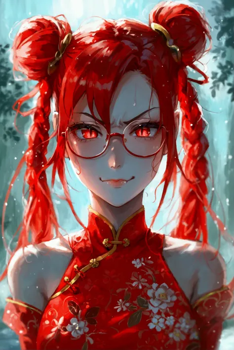 1girl,annoyed,best quality,ultra detailed,red glasses,red hair,red eyes,slit pupil,double bun,long twintails,twin braids,Qipao,cheongsam,beautiful face,glaring,cold gaze,Smug mouth with fang,angry,Smirk,lamia,monster girl,arms up,anime, rating_safe