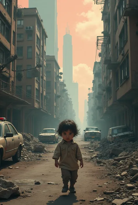 Un enfant qui marche dans une ville apocalyptique 