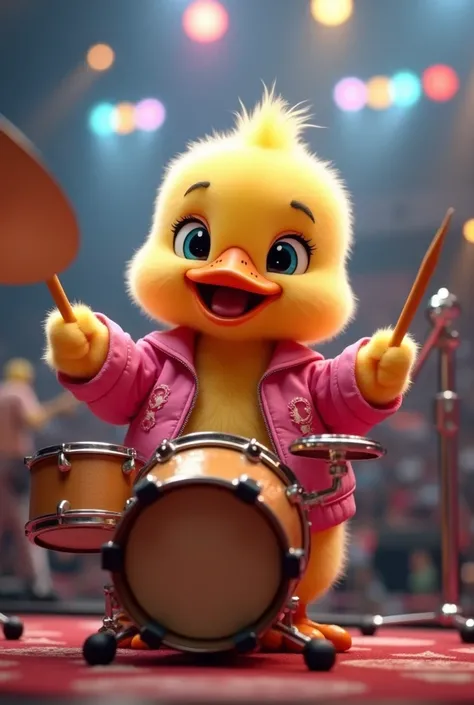 Cute duckling is playing drums using pink jacket at concert