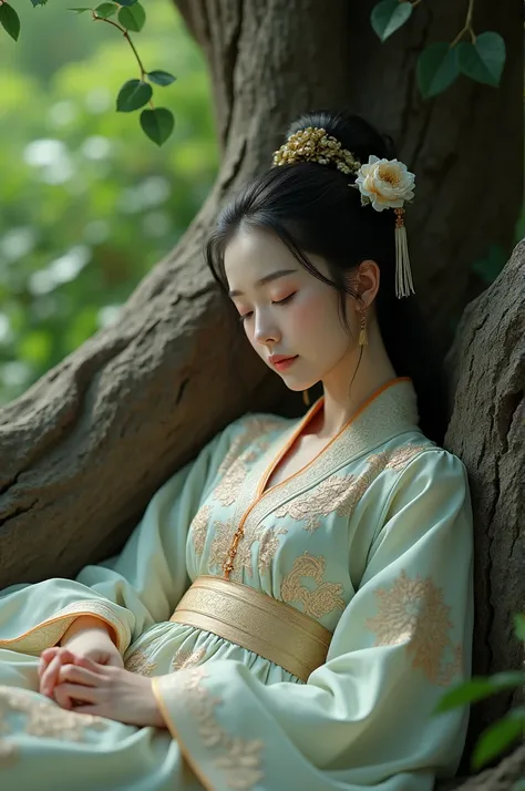 A beautiful girl wearing a dynastic chinese dress, sleeping next the old tree, having a peaceful sleep 
(Photorealism:1.5)