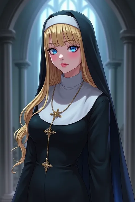 Beautiful anime gothic lolita nun girl pretty face perfect body blonde long hair blue eyes soft skin pink makeup pink lips big large breasts medium ass long legs anime style 