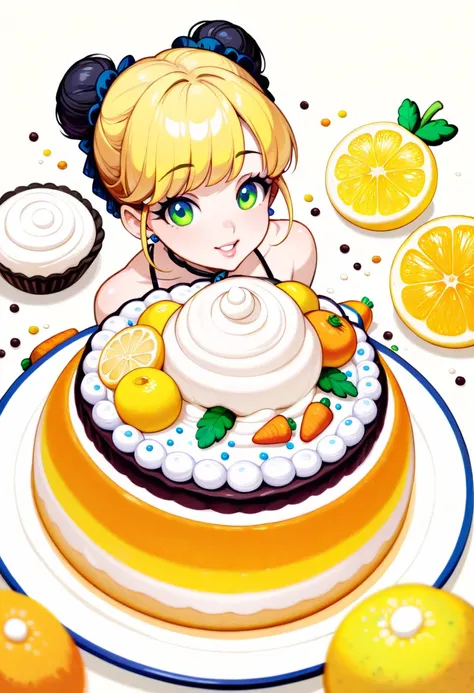 Anime style,Sweets buffet, sweets on the table, (black round cotton candy), a sweet black bean soup, a pure white sparrow-shaped bun, (milk pudding with lemon fruit), (carrot sprinkled with sugar),