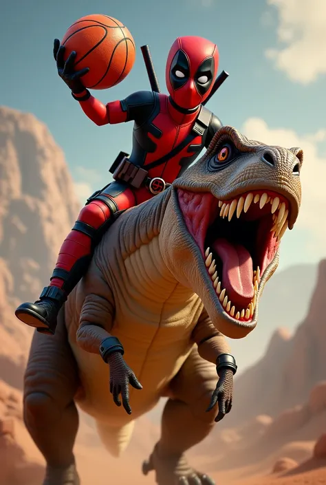 Q version of the figure of Deadpool holding a basketball mounted on an aggressive velociractor full image Pixar style dramatic theme