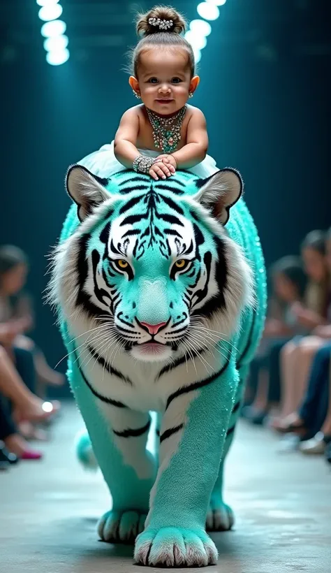 
"A real baby, with enormous hair styled in a beautiful updo and rosy cheeks, sits atop a baby tiger as it walks forward confidently towards the camera. The tiger’s body, including its stripes and paws, is made from radiant turquoise and quartz, sparkling ...