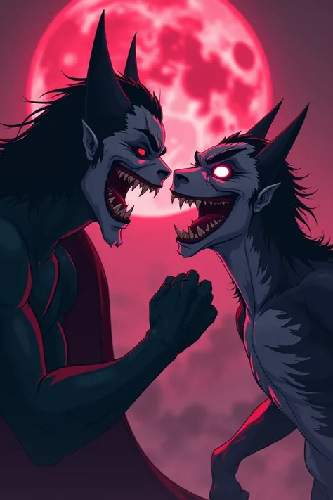 A anime vampire with big bloody tooth fighting with cosmic man