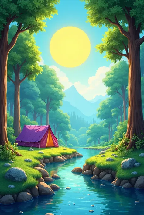 make a picture that have brown tree stem green tree
a yellow sun white sky blue river silver and black stone a purple tent