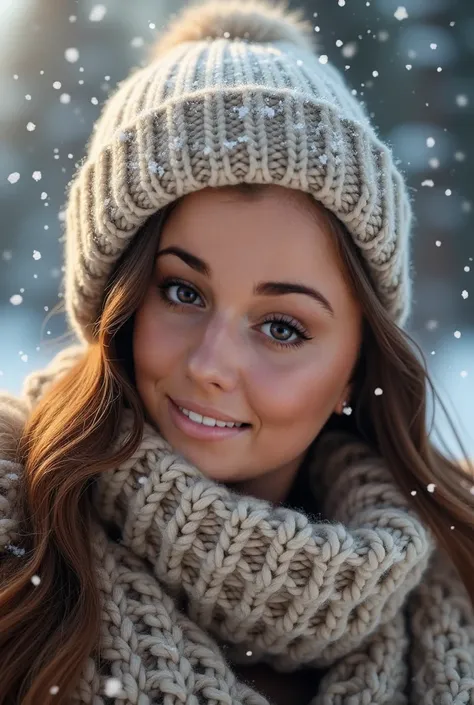 a woman wearing a hat and scarf in the snow, a portrait picture, she is smiling